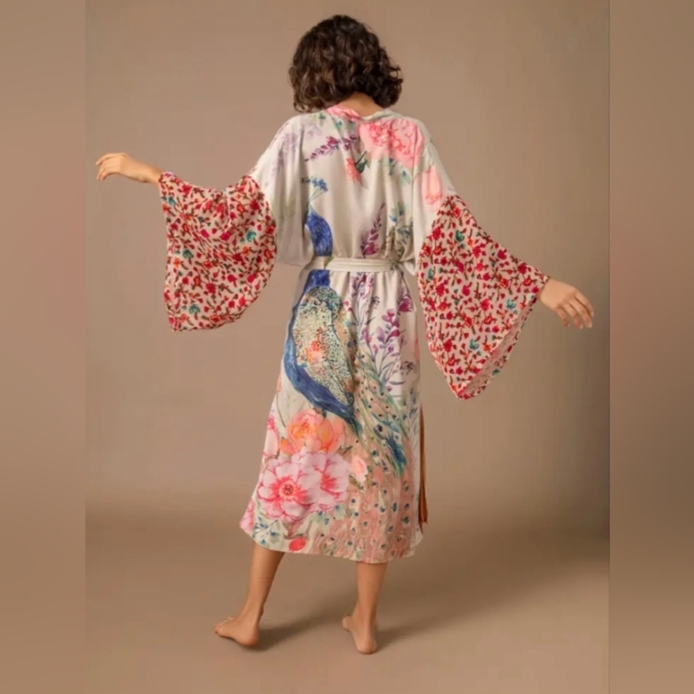 Floral Peacock Satin Robe with Bell Sleeves - White/Pink - Picture 8 of 13